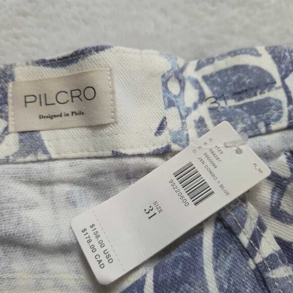 New 31 Anthropologie x Pilcro The Adi printed linen mid-rise flare pants in blu - Picture 9 of 11